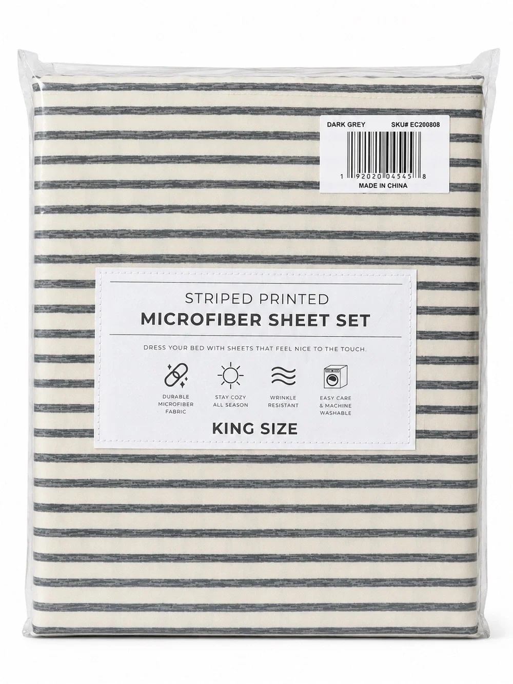 King Dark Grey Striped Microfiber Sheet Set 4 Piece Soft Wrinkle Resistant New